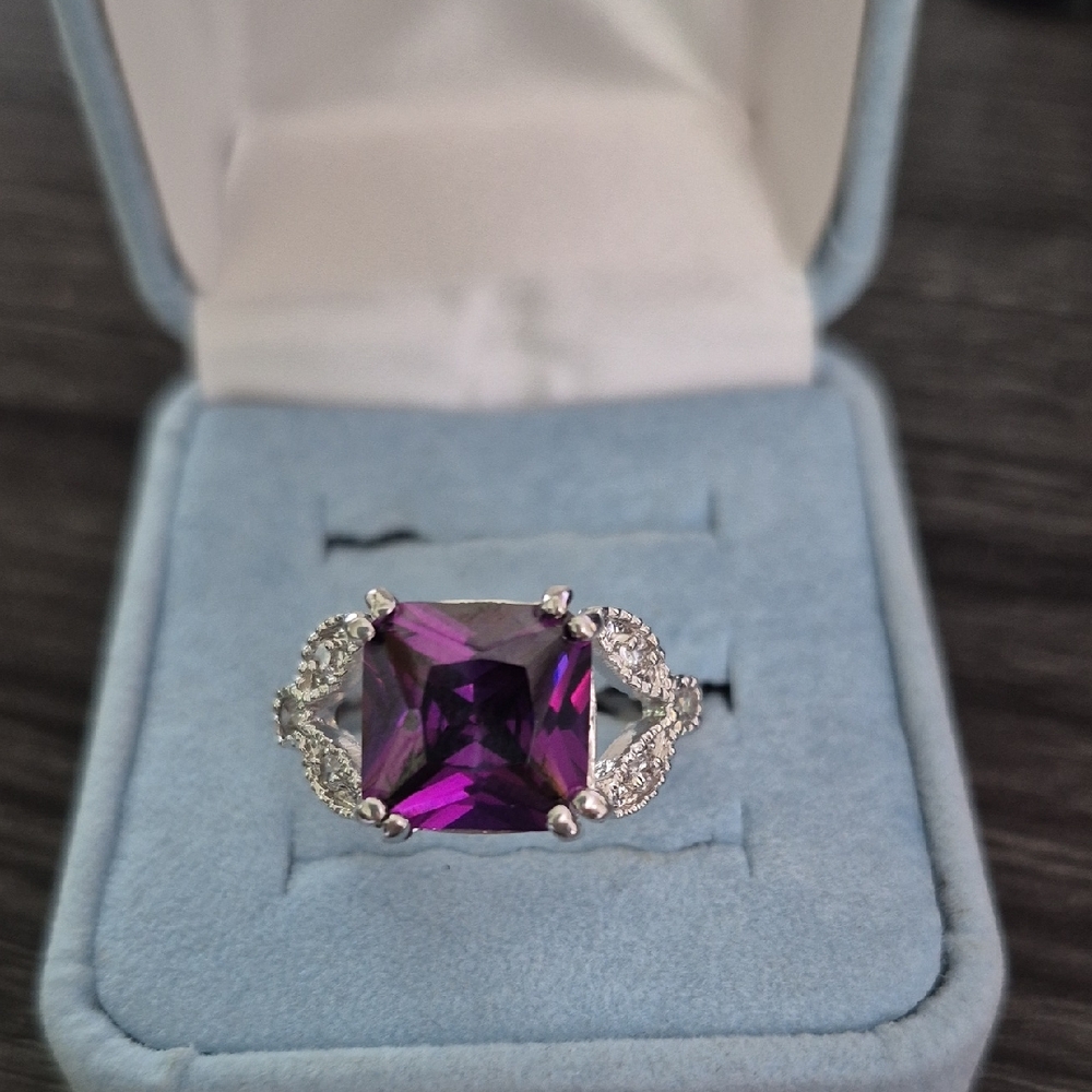 Purple Square-Cut Halo Ring for Women